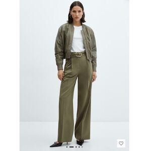 NEW MNG Mango Khaki Green Wide Leg Trousers With Belt Lightweight Chic Casual‎ 2